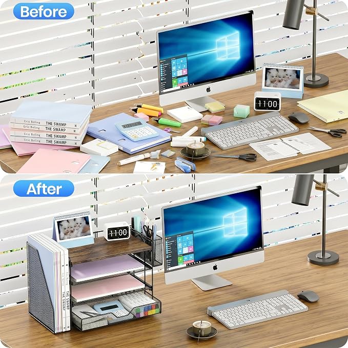 OPNICE Desk Organizers and Accessories, 4-Tier Desktop File Organizer with Drawer and Pen Holders, Office Desk Accessories Workspace Organizers for Office Supplies (Wood) - Image 2