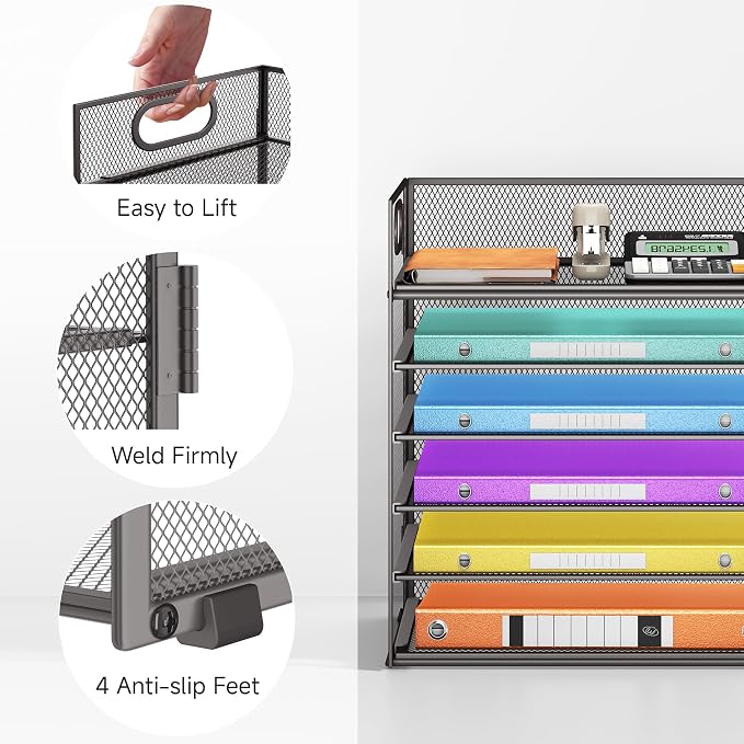 6 Tiers Letter Tray Paper Organizer With Handle, Mesh Desk File Organizer, Metal Desktop Document Shelf, Paper Sorter for Office, Home or School File Folder Holder - Grey - Image 4