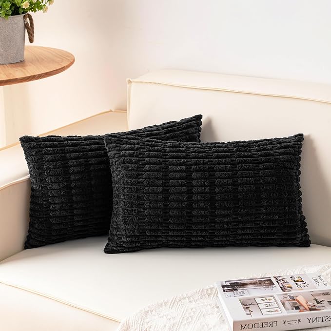 Aegero Pack of 2 Corduroy Decorative Throw Pillow Covers 12x20 Inch Soft Striped Pillow Covers Modern Farmhouse Home Decor for Sofa Living Room Couch Bed（Black） by Unknown