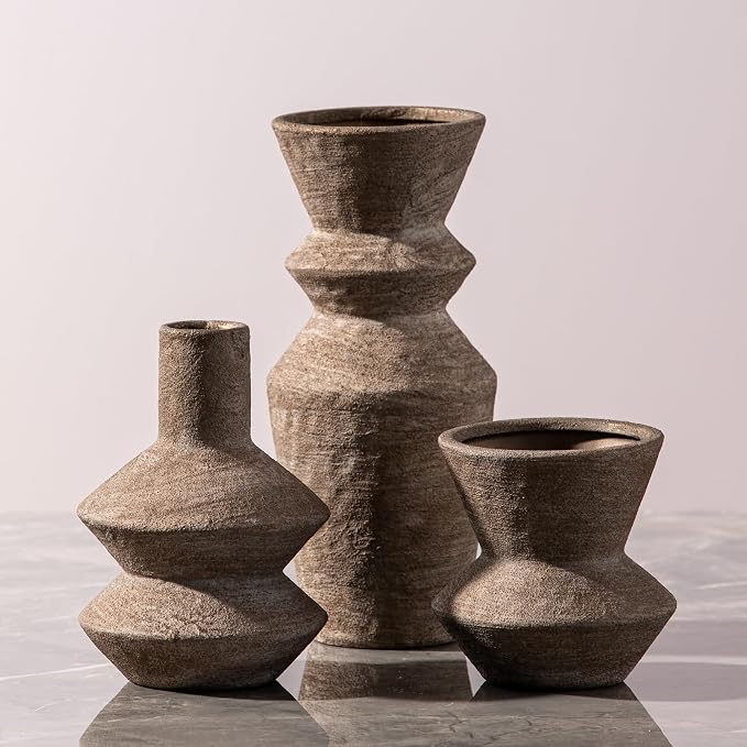 Ceramic Vase Home Table Decor - Brown Flower Vase Set of 3 Living Room Kitchen Decorations Farmhouse Modern Rustic Vases Decorative Centerpiece for Shelf Bedroom Office Bathroom Dining Coffee Desk by VanseliaHome
