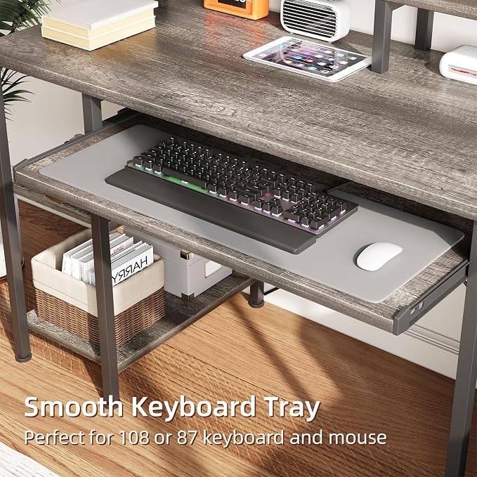 VERMESS Computer Desk- 48 Inch Home Office Desk with Keyboard Tray, 47" Gaming Desk with Full Monitor Stand & Storage Shelves & CPU Stand, Modern Study Writing Table with Shelf for Storage, Gray Oak - Image 5