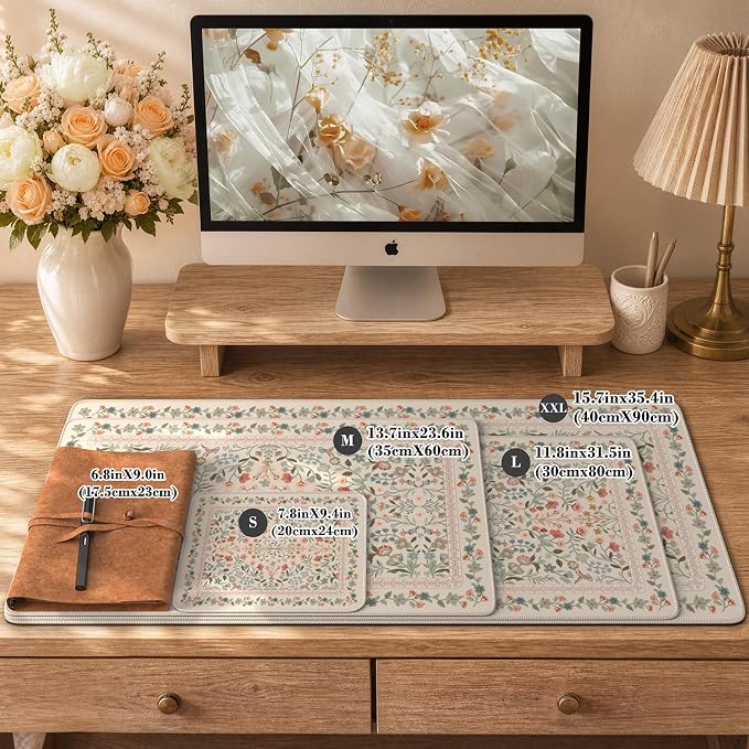 iCasso Aesthetic Desk Mat,31.5x11.8in Mouse Pads,Beige Floral | Anti-Slip Mousepad with Stitched Edges, Waterproof Computer Pad, Desk Accessories Office Decor for Women - Image 2