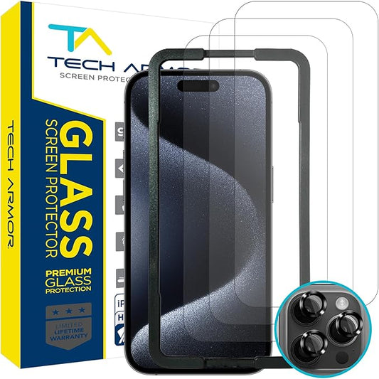 Tech Armor for Apple iPhone 15 Pro Screen Protector Glass 6.1 inch - Ballistic Tempered, Case Friendly, Easy Install, Sensor Protection, HD, 9H Hardness, 3 Pack + Bonus Camera Lens Protectors by TechArmor
