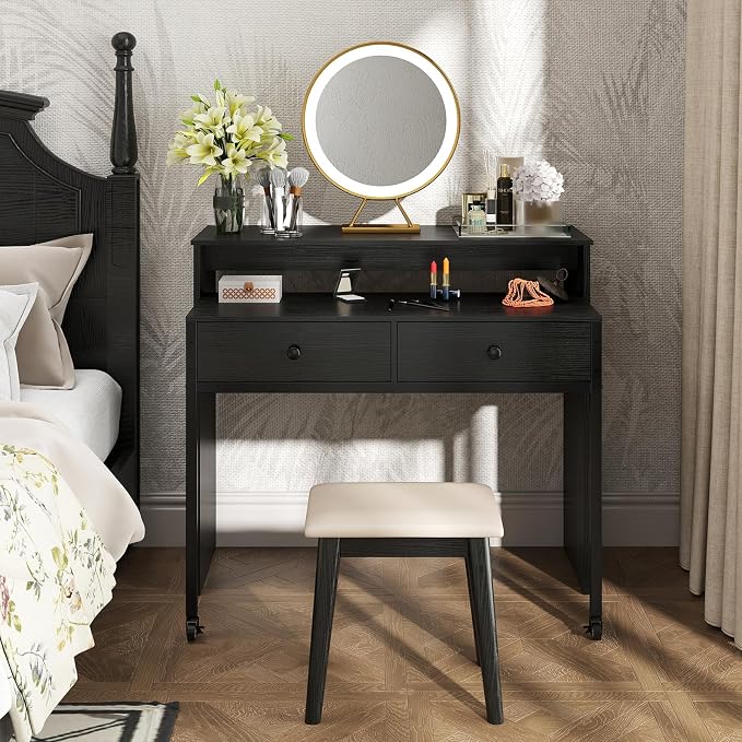 Giantex Small Computer Desk with Hutch & Drawers, Extendable Writing Desk w/Pull Out Secondary Table, Monitor Stand & Rolling Wheels, Console Table, Compact Desk for Small Spaces, Home Office (Black) - Image 5