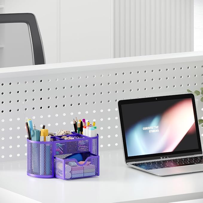 EasyPAG Mesh Pen Holder Desk Organizer with Drawer Stationery Supplies Organizer for Dorm School 9 Compartments Workspace Desk Accessories Organization for Office, Purple - Image 6