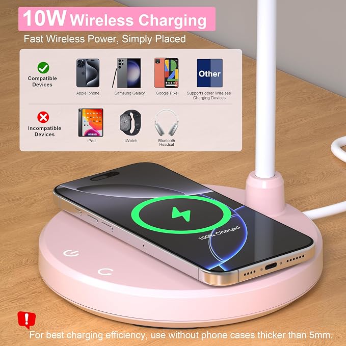 LED Desk Lamp for Home Office with Wireless Charger, Pink | 3 Color Modes Dimmable Eye-Caring Study Reading Dorm Desk Lamp, 360° Flexible Arm Table Lamp for College Dorm Room, 800 Lumen - Image 2