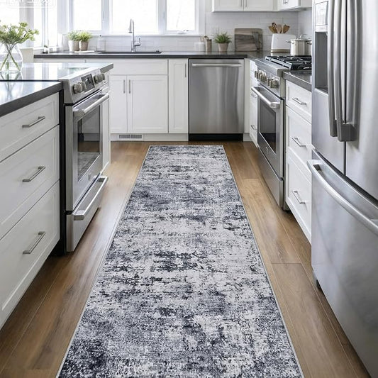 Washable Area Rug 3x14 Entryway Rug: Washable Modern Abstract Soft Thin Rug Indoor Floor No Slip Stain Resistant Carpet for Bedroom Dining Room Farmhouse Nursery Home Office - Grey by FXRHLP