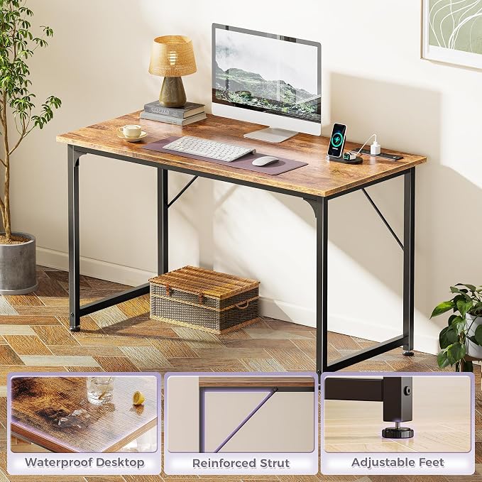 PRAISUN 40 X 20 Inch Computer Desk, Power Outlets, USB-C, Rustic Brown | Office Desk with 4 AC Outlets, USB & USB-C, Sturdy Metal Frame, Spacious Desktop for Work, Writing, Study & Gaming - Image 8