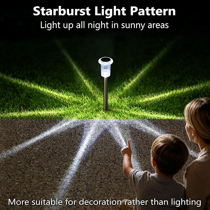 DenicMic Solar Pathway Lights Outdoor Waterproof Cold White LED 15 Pack | Yard Garden Driveway Walkway Landscape Path Lights, Starburst Pattern, Acrylic Diamond-like Lampshade Stainless Steel Pole - Image 6