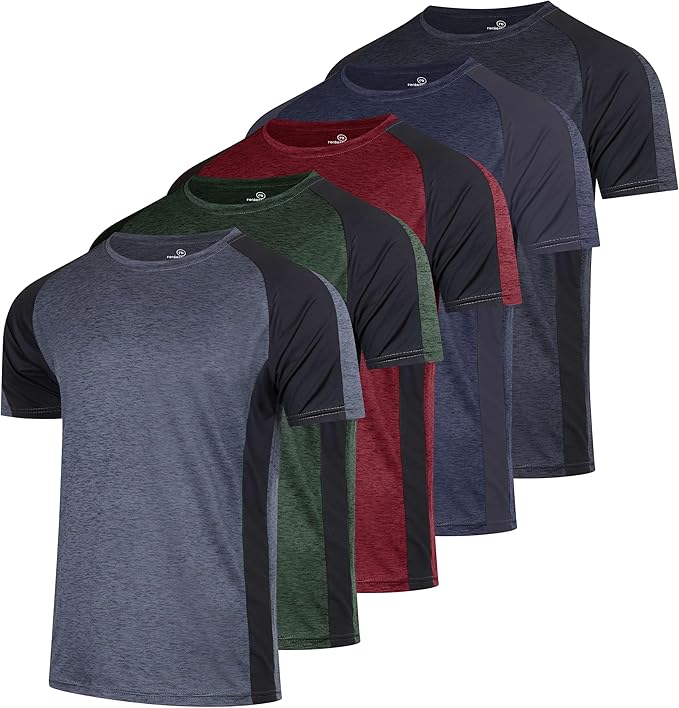 5 Pack Men's Dry Fit Short Sleeve T-Shirt Gym Workout Athletic Running Tee | Cooling, Moisture-Wicking, Crew Neck, Quick-Dry, Breathable, Active, Exercise, Fitness, Basketball, Cycling, Hiking, Tennis by RealEssentials