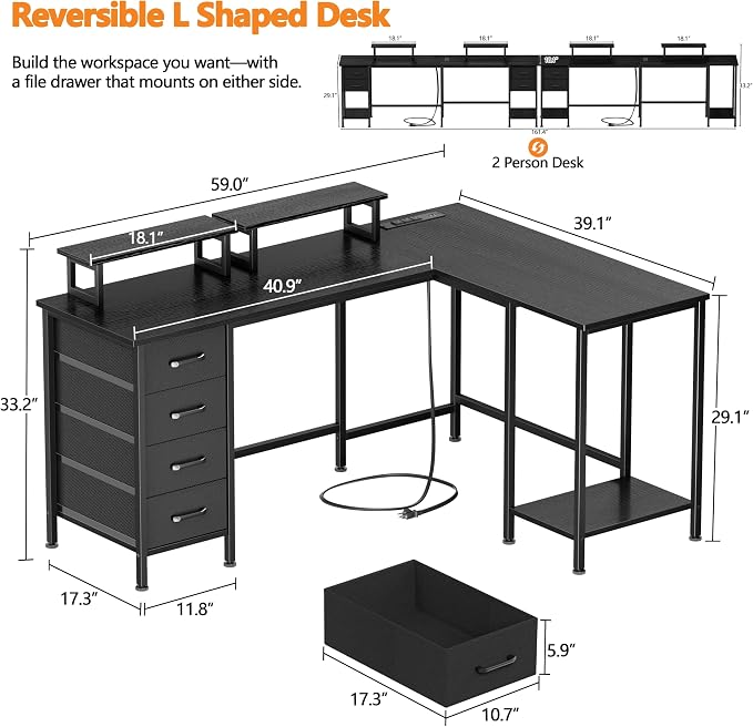 Korfile 59 inch L Shaped Computer Desk with Power Outlets, Black | Ideal for Home Office, Bedroom, Corner, 4 Adjustable Storage Drawers, 2 Monitor Stands, Reversible, Two Person Gaming Table - Image 3