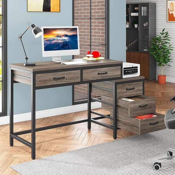 Tribesigns Computer Desk with 5 Drawers, Reversible Home Office Desks | Small Desk with Drawer Cabinet Printer Stand, PC Desk with Storage, Grey Study Writing Table Workstation for Small Spaces - Image 2