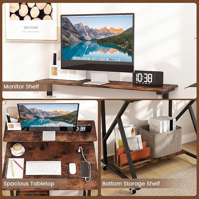 Giantex Rolling Small Desk with Storage, Compact Computer Desk for Small Spaces with Charging Station, Monitor Stand, Lockable Wheels, Study Writing Desk for Home Office, Bedroom (Rustic Brown) - Image 9