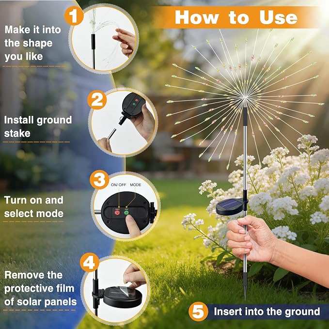 btfarm 4 Pack Solar Garden Lights Outdoor 8 Modes, 120 LED Firework Lights Solar Powered, Waterproof Twinkle Fairy Light Outside for Yard Pathway Lawn Pool Patio Christmas Decorative, Multicolor - Image 7