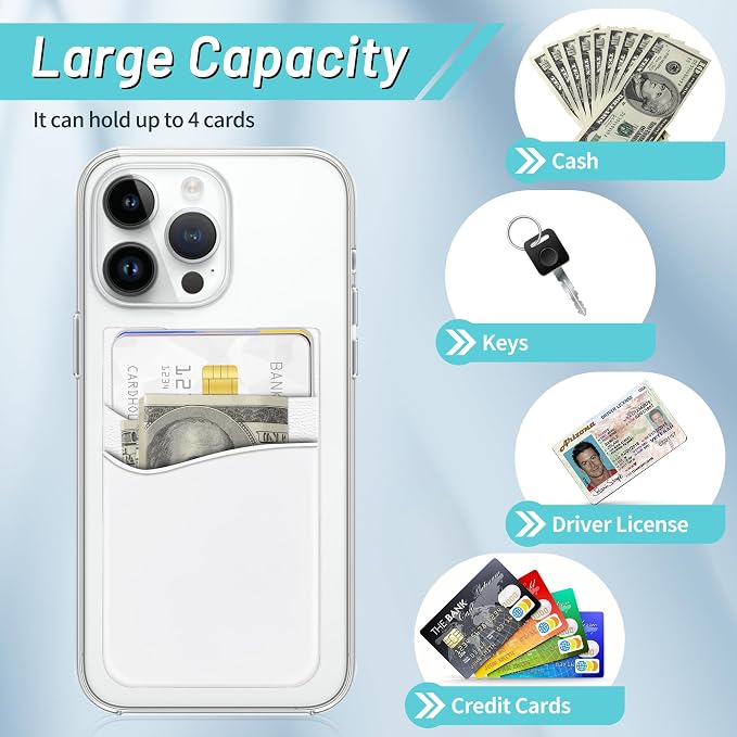 SHANSHUI Phone Wallet, Strong Adhesive Silicone Wallet Sleeve Pocket ID Credit Card Holder Stick on Fit for iPhone & All Smartphones White - Image 3
