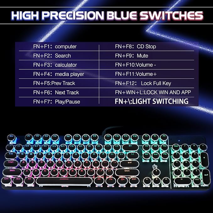 YSCP Typewriter Style Mechanical Gaming Keyboard RGB Backlit Wired with Blue Switch Retro Round Keycap 104 Keys Keyboard (R-Black) - Image 2