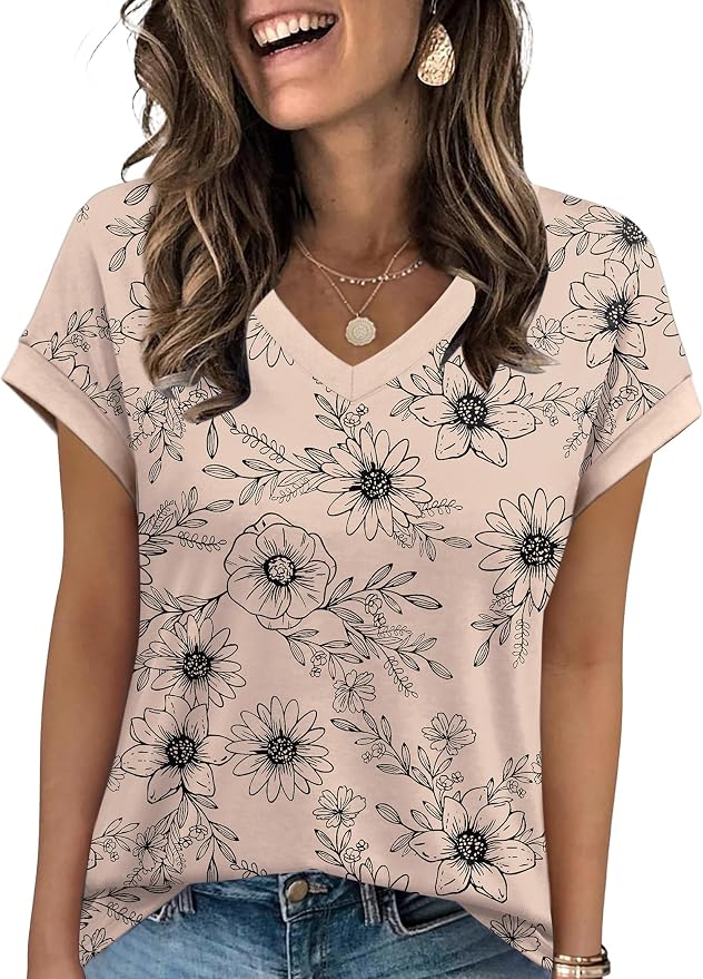 WIHOLL Womens Summer Tops 2026 Cap Short Sleeve Shirs V Neck T Shirts Fashion Beach Vacation Clothes Color Block - Image 3