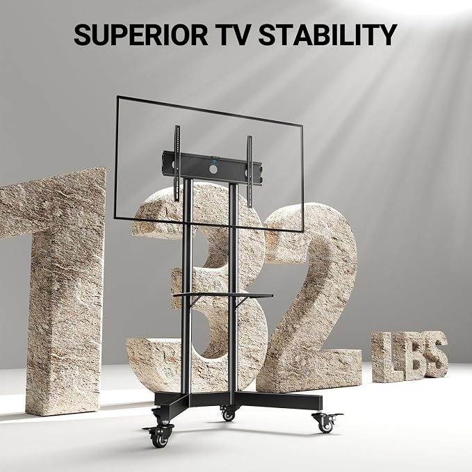 PERLESMITH Rolling TV Stand with Lockable Wheels for 32-86 Inch TVs Holds up to 132 Lbs, Height Adjustable Mobile TV Stand on Wheels with Laptop Shelf, Rolling Tv Cart Max VESA 600x400mm PSTVMC01 - Image 4
