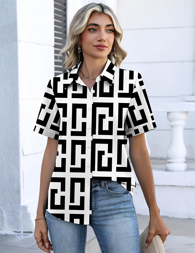 Zeagoo Button Down Shirts for Women Short Sleeve Collared Tops Dressy Casual V Neck Blouses - Image 4