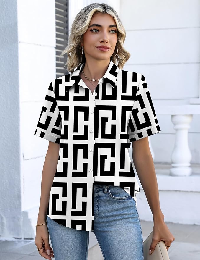 Zeagoo Button Down Shirts for Women Short Sleeve Collared Tops Dressy Casual V Neck Blouses - Image 4