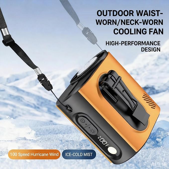 Portable Wearable Waist Iec Fan,with Semiconductor Ice Cooler,10000mAh Rechargeable Clip On Belt Cooling Fan, 100-Speed/16000RPM Personal Body Fans,25H Work Time for Camping, Outdoor, Jobsite（Orange） - Image 6