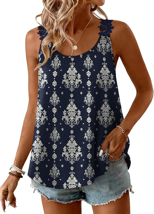 OFEEFAN Tank Top for Women Loose Fit Crew Neck Sleeveless Shirts Strap Lace Camisole Chiffon Summer Tops Curved Hem by OFEEFAN