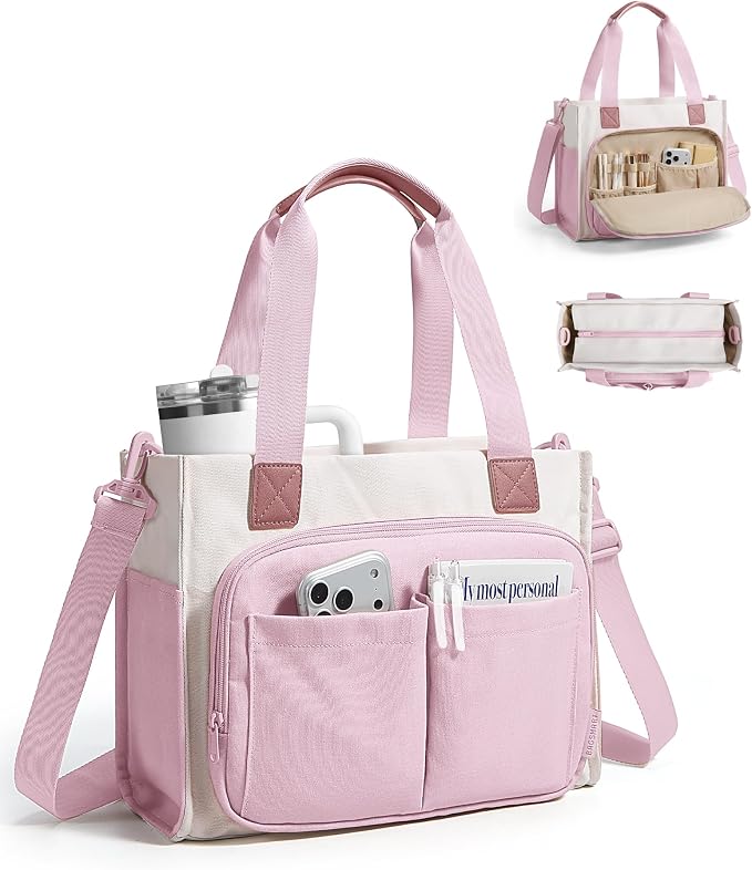 BAGSMART Small Tote Bag for Women, 13'' Laptop Canvas Work Bag with Zipper | 30oz/40oz Tumble & 11 Pockets Travel Tote, Teachers/Nurses, Lightweight Canvas or Water-Resistant Puffer Taslon Crossbody Bag by BAGSMART