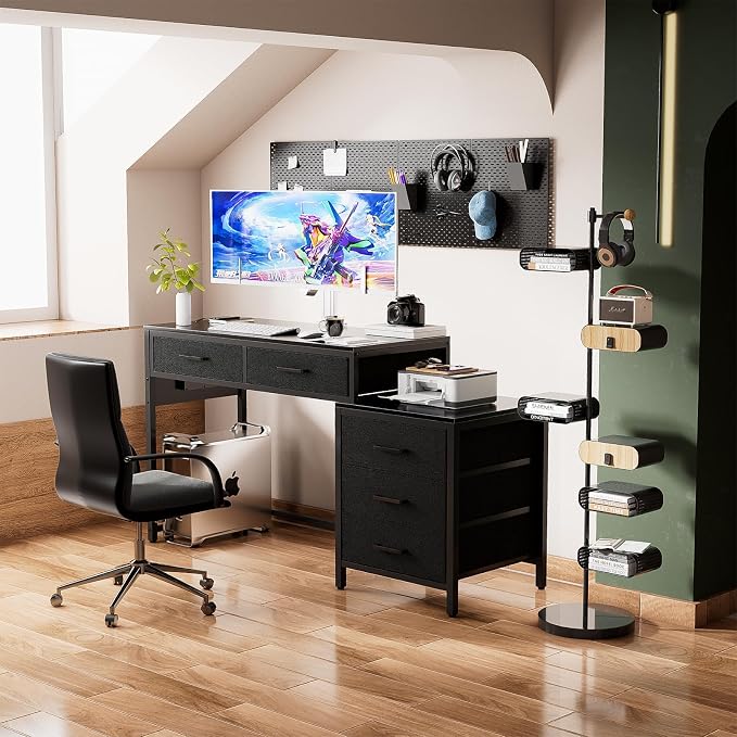 Unikito Reversible Computer Desk with 5 Drawers, Sturdy Office Desk with Power Outlets and USB Ports, Corner Writing Table with File Cabinet & Printer Stand, Vanity Desk with Storage, Black - Image 7