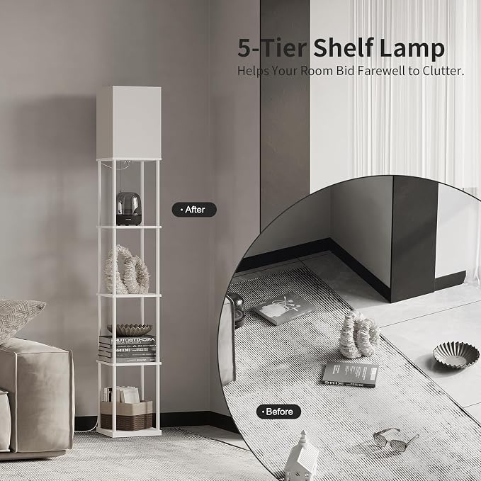 SUNMORY 5 Tier Floor Lamp with Shelves, Modern Square Standing Lamp with 3 Color Temperature Bulb, Corner Display Bookshelf Lamp for Living Room and Bedroom, Tall Shelf Floor Lamp White - Image 5