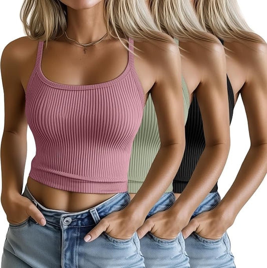 Ficerd 3 Pack Women's Tank Tops 95% Cotton Spaghetti Strap Ribbed Crop Camisole Slim Fitted Basic Summer Sleeveless Layer by Ficerd