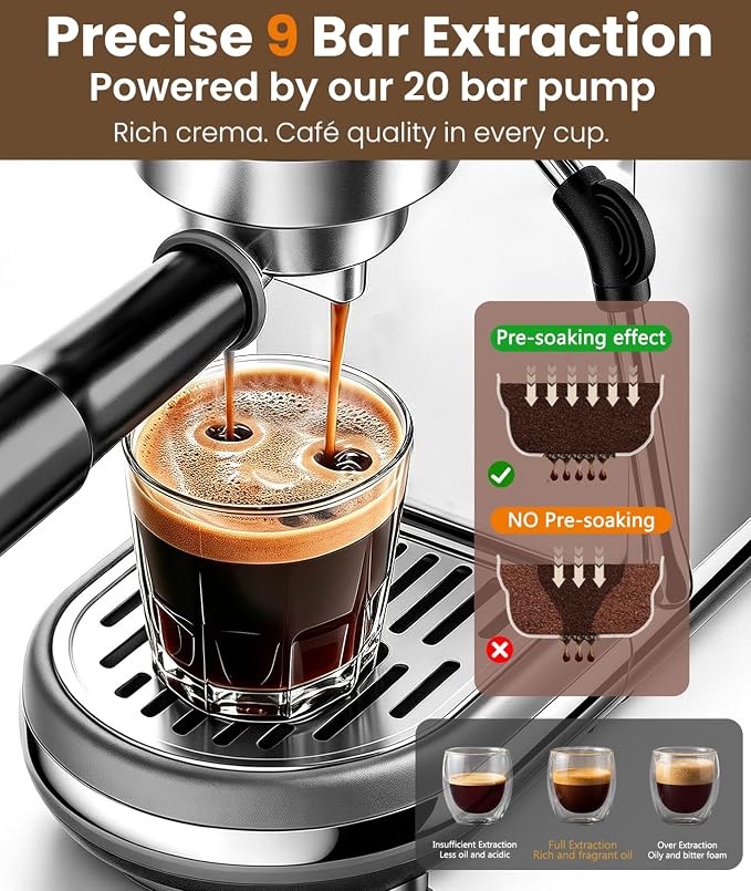 atatix Espresso Machine with Milk Frother, 20 Bar Pressure Espresso Maker | with 44OZ Removable Tank, Compact Stainless Steel Coffee Machine for Home, Office, Latte, Cappuccino, Macchiato, Silver - Image 4