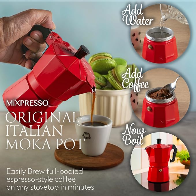 Mixpresso 3 Cup Moka Pot Stovetop Espresso Maker, Italian Cuban Coffee Pot | 5oz aluminum Italian coffee maker for gas and electric stovetops, small design for traditional coffee at home, Mug 4.4 Oz - Image 5