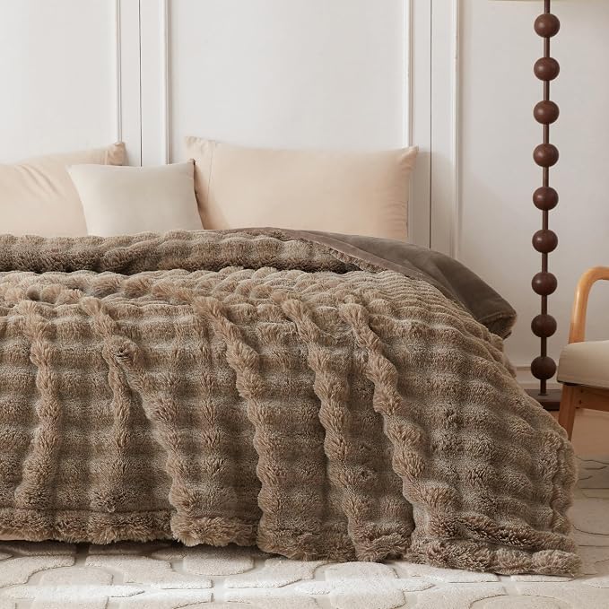COOVA Faux Fur Throw Blanket for Couch, Cozy Soft and Fuzzy Plush Rabbit Fur Bubble Blanket for Sofa Bedroom Living Room, 50x60 Inches Cationic Brown - Image 4