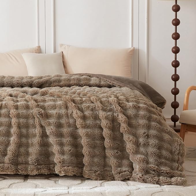 COOVA Faux Fur Throw Blanket for Couch, Cozy Soft and Fuzzy Plush Rabbit Fur Bubble Blanket for Sofa Bedroom Living Room, 60x80 Inches Cationic Brown - Image 3