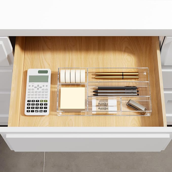 HBlife Acrylic Desk Drawer Organizer Tray with 6 Compartments, Small Clear Office Drawer Organizers and Accessories for Pens, Pencil, Makeup, Desktop, Bathroom and Kitchen, 11.65 x 6.1 x 1.38 Inch - Image 2