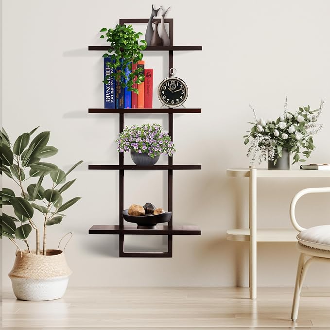 PHOENANCEE Floating Shelves for Wall,Display Hanging Shelf Set of 2,Modern Decorative Plants Shelves,Wood Home Decor Storage Chic for Living Room Bedroom Bathroom Office,Oak Frame,2-Tier (Walnut - Image 4