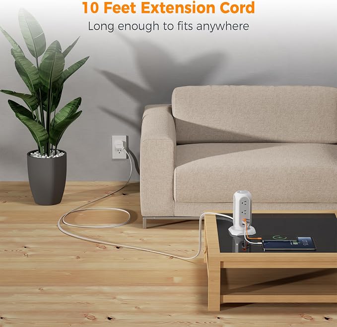 TESSAN Tower Power Strip Flat Plug with 1050J Surge Protection, 10 Ft, Grey | 11 Outlets 3 USB (1 USB C), Surge Protector Power Tower, Extension Cord with Multiple Outlets, Dorm, Office Desk Supplies - Image 2