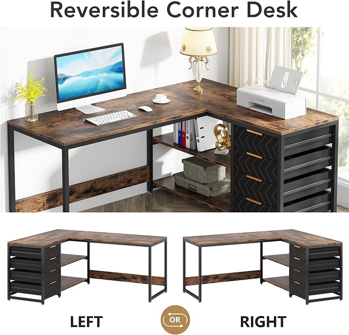 Tribesigns L Shaped Computer Desk with Storage Drawers, 59 inch Corner Desk with Shelves, Reversible L-Shaped Office Desk Study Writing Table Workstation for Home Office, Brown - Image 6