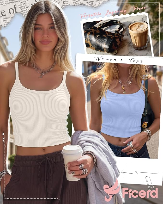 Ficerd 3 Pack Women's Tank Tops 95% Cotton Spaghetti Strap Ribbed Crop Camisole Slim Fitted Basic Summer Sleeveless Layer - Image 4