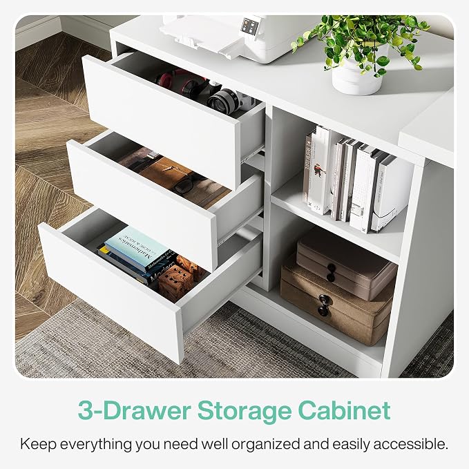 Tribesigns L-Shaped Computer Desk with Drawers and Shelves, Reversible White Corner Office Desk with Storage Cabinet, Modern Study Writing Table for Home Office, Bedroom - Image 6