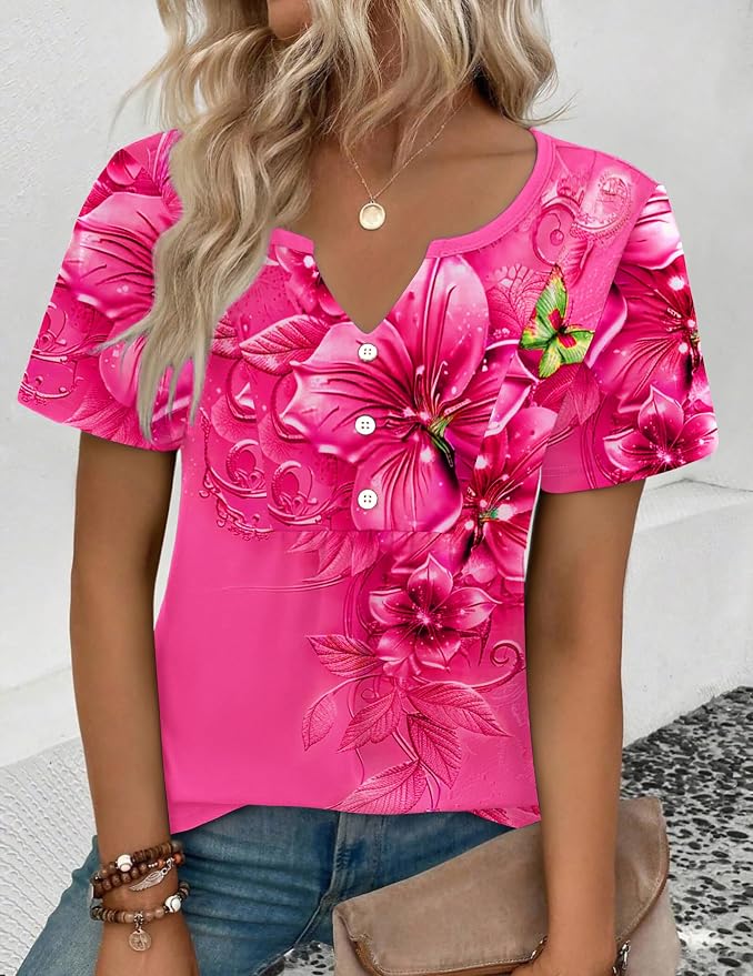 Zeagoo Womens Short Sleeve Tops Summer Henley V-Neck Tshirts Casual Pleated Blouse Dressy Loose Floral Basic Tee - Image 3