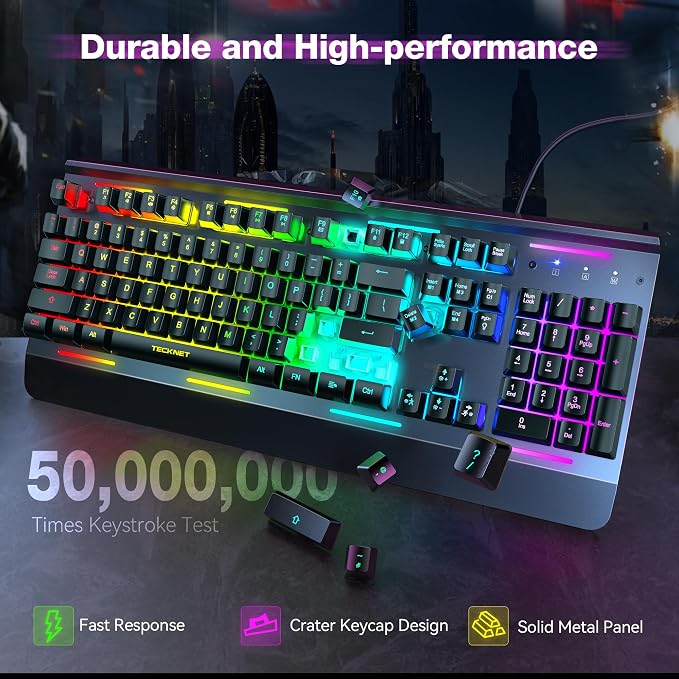 TECKNET Wired Gaming Keyboard, RGB Backlit Keyboard with Metal Panel Design | 15-Zone RGB Illumination, Whisper Quiet Design, IP32 Water Resistance, 25 Anti-ghosting Keys, Ergonomic Design - Image 4