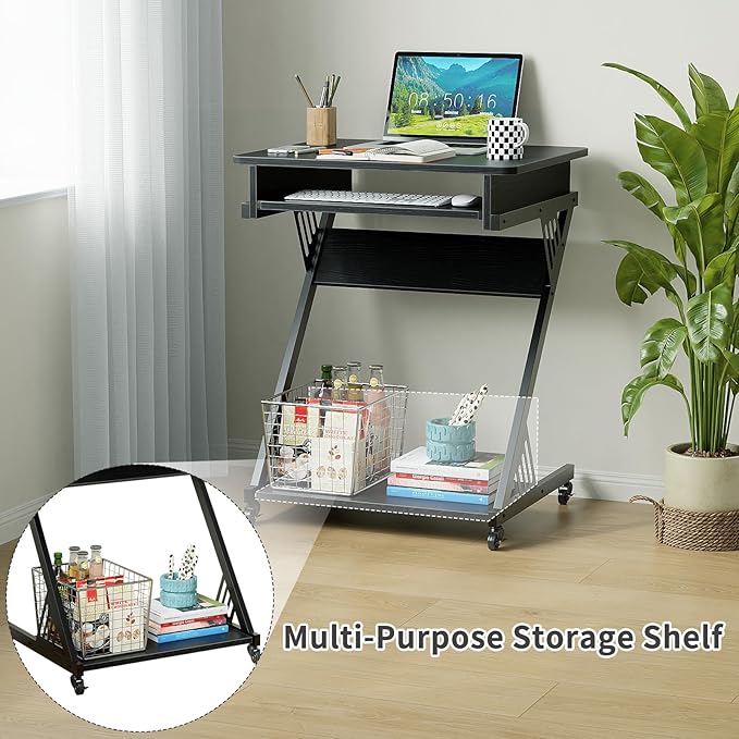 ALISENED Computer Desk for Small Spaces Compact Desk with Keyboard Tray | 23.6" Z-Shaped, with Wheels and Bottom Shelves, for Home Office, Computer Cart Mobile Laptop Cart, Black - Image 5