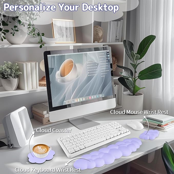 Sushret Cloud Wrist Rest Keyboard, Cloud Keyboard Wrist Pad Set with PU Leather Memory Foam, Cute Arm Rest for Palm Support, PC/Gaming Desk Accessories/Office Setup/Computer Hand Cushion - Purple - Image 2