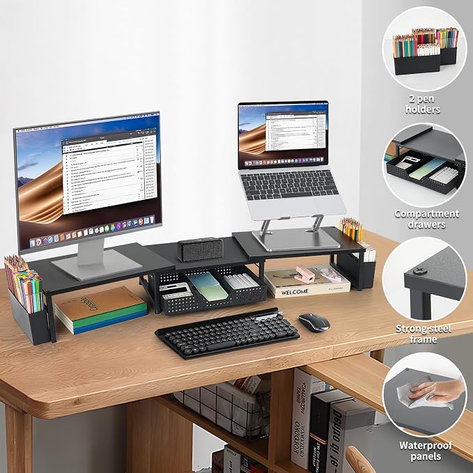 OPNICE Desk Organizers and Accessories, Dual Monitor Stand Riser with Drawer and 2 Pen Holders, Desk Shelf Wood Computer Racks for Office Workspace Organizers, Desktop Organization (Black Wood) - Image 4