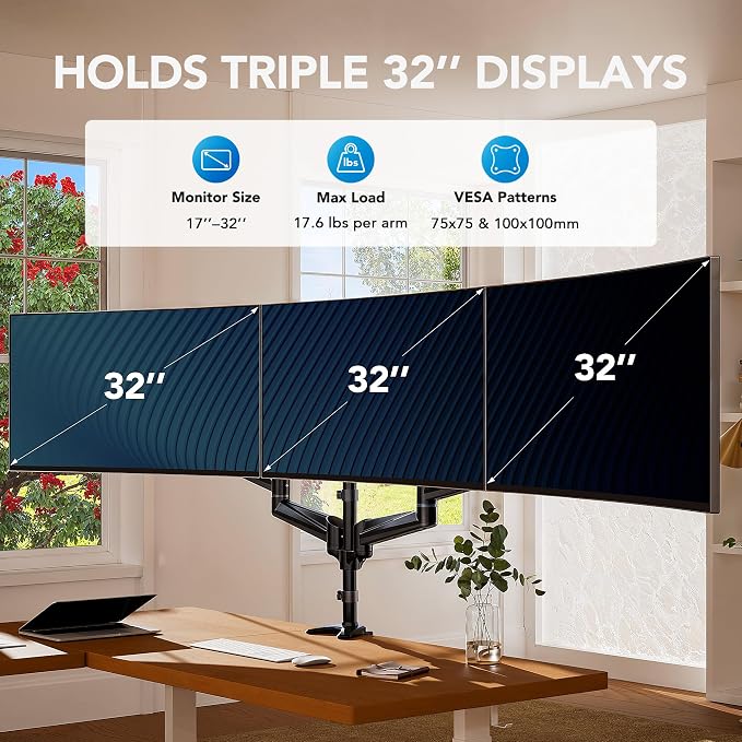 HUANUO Triple Monitor Mount for 17 to 32 inch Screens, Adjustment Gaming Triple Monitor Stand with Swivel, Tilt, Rotation, Clamp & Grommet Kit - Image 2
