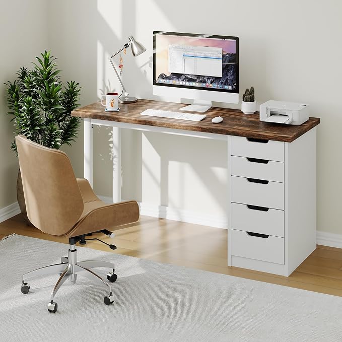 Garvee Computer Desk with 5 Drawers, 47 Inch Modern Simple Study Writing Desk with Storage, Rustic Home Office Desk, Reversible Computer Desk for Small Spaces, Apartments, Dorms, Brown+White by Garvee