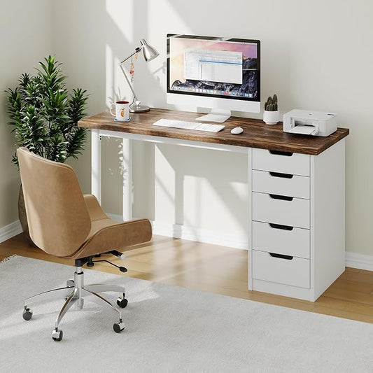 Garvee Computer Desk with 5 Drawers, 47 Inch Modern Simple Study Writing Desk with Storage, Rustic Home Office Desk, Reversible Computer Desk for Small Spaces, Apartments, Dorms, Brown+White by Garvee