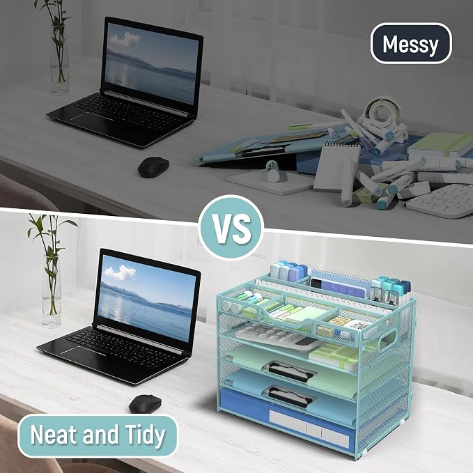 Docnest 5 Tier Mesh Desk Organizer with Removable Tray&Pen Holder, Blue | Features 3 detachable pen holders and 4 removable dividers.Versatile mesh desktop storage for mail, document,office supplie - Image 2