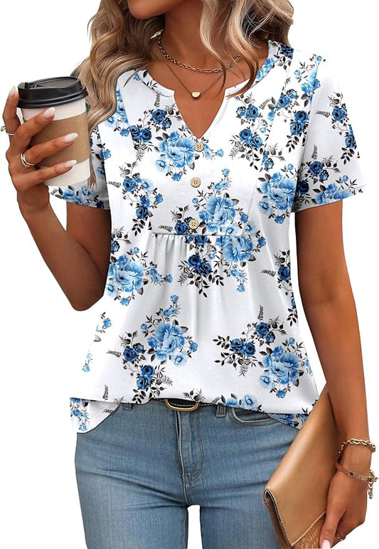Zeagoo Womens Short Sleeve Tops Summer Henley V-Neck Tshirts Casual Pleated Blouse Dressy Loose Floral Basic Tee by Zeagoo